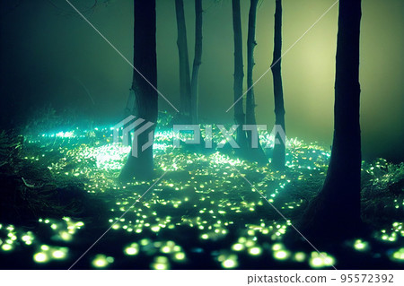 Glowing mushrooms. Magical shimmering mushrooms in a mysterious forest Glowing mushrooms. Magical shimmering mushrooms in a mysterious forest 95572392