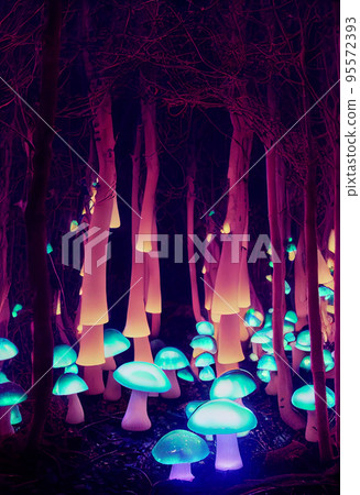 Glowing mushrooms. Magical shimmering mushrooms in a mysterious forest Glowing mushrooms. Magical shimmering mushrooms in a mysterious forest 95572393