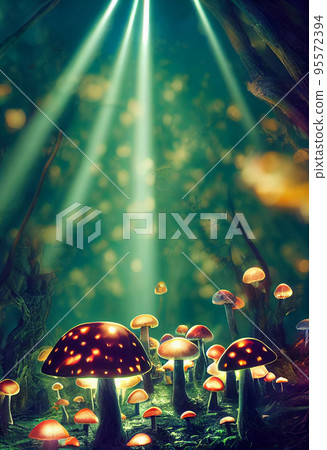 Glowing mushrooms. Magical shimmering mushrooms in a mysterious forest Glowing mushrooms. Magical shimmering mushrooms in a mysterious forest 95572394