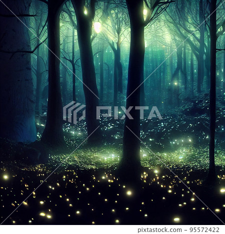 Glowing mushrooms. Magical shimmering mushrooms in a mysterious forest 95572422