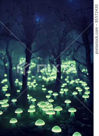 Glowing mushrooms. Magical shimmering mushrooms in a mysterious forest 95572430