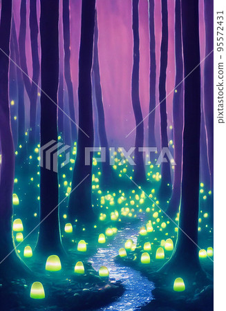 Glowing mushrooms. Magical shimmering mushrooms in a mysterious forest 95572431