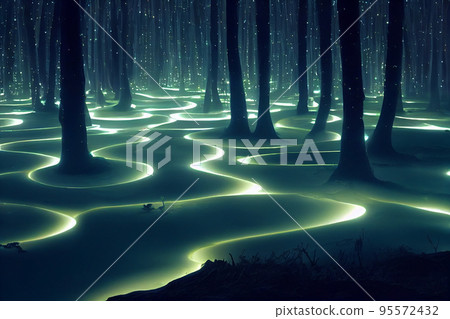 Glowing mushrooms. Magical shimmering mushrooms in a mysterious forest 95572432