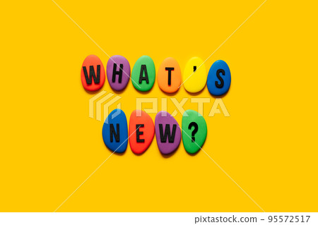 New trend, forecasting, process of researching and formulating predictions on consumers future buying habits, Whats new in business. Text Whats new from color blocks on yellow background. New trend, forecasting, process of researching and formulating predictions on consumers future buying habits, Whats new in business. Text Whats new from color blocks on yellow background. 95572517