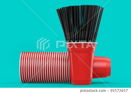 Set of plastic disposable party cups for coffee with heap straw on green Set of plastic disposable party cups for coffee with heap straw on green 95572657