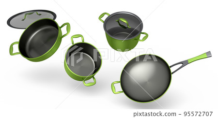 Set of flying stewpot, frying pan and chrome plated cookware on white background 95572707