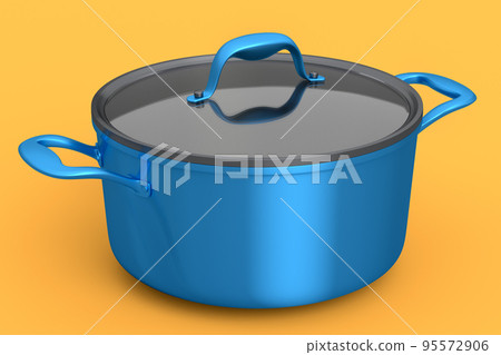 Stainless steel stewpot and chrome plated aluminum cookware on yellow background 95572906