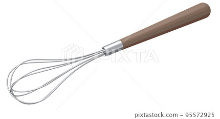 Steel whisk with wooden handle for blending isolated on white background. 95572925