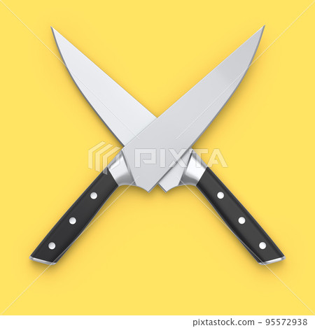 Set of chef's kitchen knives with a wooden handle isolated on yellow background. Set of chef's kitchen knives with a wooden handle isolated on yellow background. 95572938