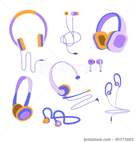 Cartoon Color Headphones Wired and Wireless Icons Set Flat Design Style. Vector illustration of Earphone Music Gadget 95573003