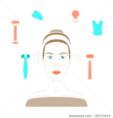 Cartoon Color Character Woman and Massage Facial Lines Skin Care Concept Flat Design Style. Vector illustration 95573014