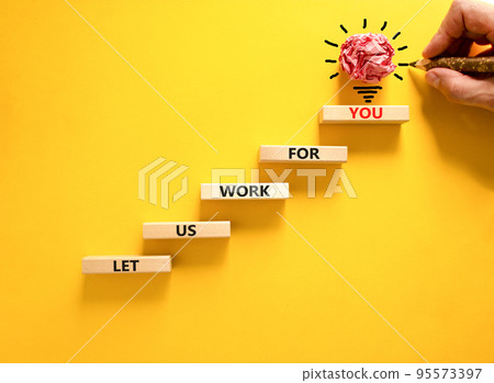 Let us work for you symbol. Concept words Let us work for you on wooden blocks. Businessman hand. Beautiful yellow table yellow background. Business and let us work for you concept. Copy space. Let us work for you symbol. Concept words Let us work for you on wooden blocks. Businessman hand. Beautiful yellow table yellow background. Business and let us work for you concept. Copy space. 95573397