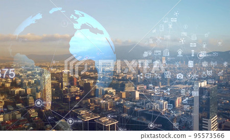 Global connection and the internet network modernization in smart city . Concept of future 5G wireless digital connecting and social media networking . High quality photo 95573566