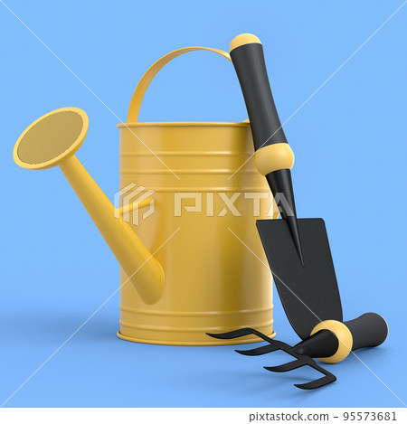 Watering can with garden tools like shovel, rake and fork on blue background. Watering can with garden tools like shovel, rake and fork on blue background. 95573681