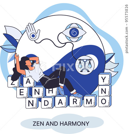 Zen and harmony metaphor, meditation practice. Balance, harmony and mindfulness concept. Calm person relaxing 95573816