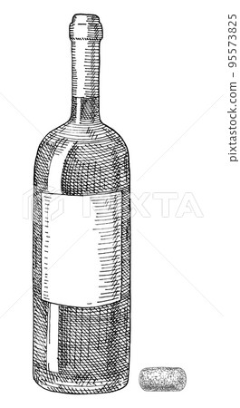 Wine glass bottle with clear label. Vintage hatching monochrome illustration. 95573825