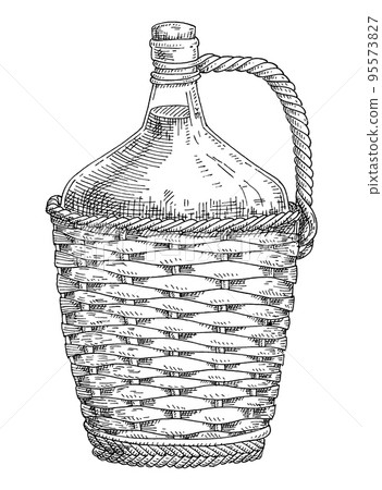 Wine wicker bottle. Vintage hatching vector black monochrome 95573827