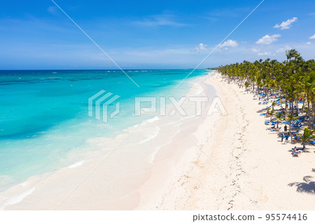 Bounty and pristine sandy shore with coconut palm trees, caribbean sea washes tropical coast. Arenda Gorda beach. Dominican Republic. Aerial view 95574416