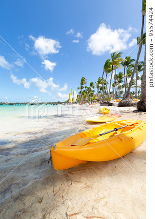 Bavaro beach in sunny day with calm ocean and white  beach, Dominican republic 95574424