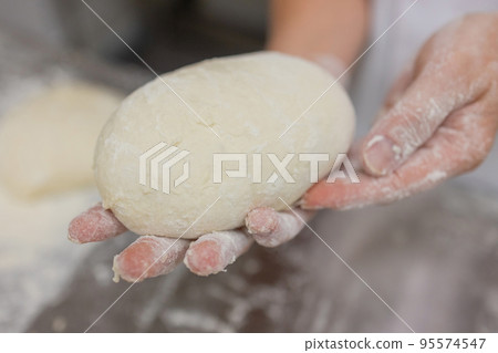 Close up of woman Kneading Pizza Dough. Close up of woman Kneading Pizza Dough. 95574547