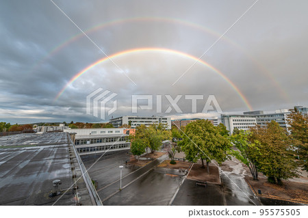 Double Rainbow over Friedrich Ebert Gymnasium Schoolyard text saying what if Bonn city Germany Double Rainbow over Friedrich Ebert Gymnasium Schoolyard text saying what if Bonn city Germany 95575505