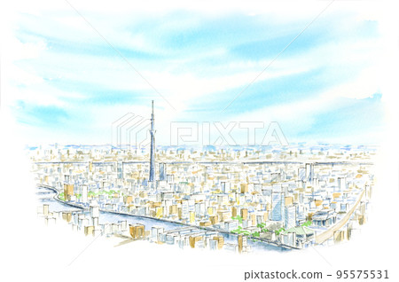 Watercolor sketch of a view of the Tokyo Skytree 95575531