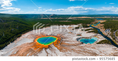Aerial view of Grand Prismatic Spring in Midway Geyser Basin, Yellowstone National Park, Wyoming, USA. It is the largest hot spring in the United States 95575685
