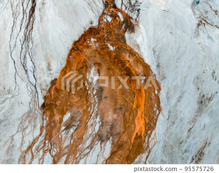 Beautiful geysers with hot water and steam with pools of thermophilic bacteria in the Upper Geyser Basin of Yellowstone National Park, Wyoming, United States. 95575726