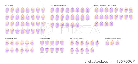 Set of necklines clothes - collars, plackets, knits, sweaters, tops, strapless, turtlenecks, tank technical fashion 95576067