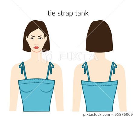 Tie strap neckline tank clothes character beautiful lady in blue top, shirt, dress technical fashion illustration fitted 95576069