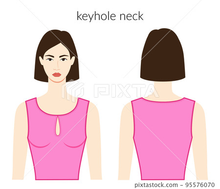 Keyhole neckline clothes character beautiful lady in pink top, shirt, dress technical fashion illustration fitted body 95576070