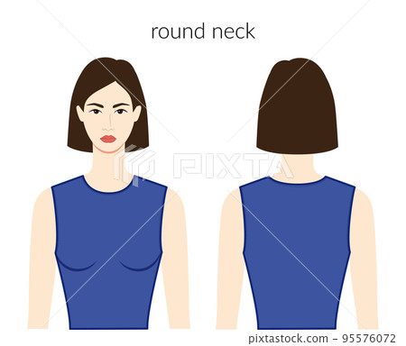 Round neckline clothes character beautiful lady in blue top, dress technical fashion illustration with fitted body 95576072