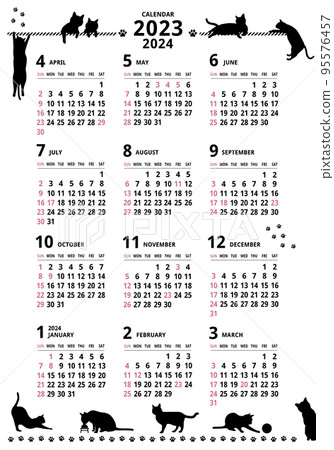 2023-2024 _ annual calendar _ beginning of April _ cat silhouette 95576457