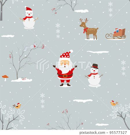 Winter holiday seamless pattern with Santa Claus and friends happy on winter night 95577327
