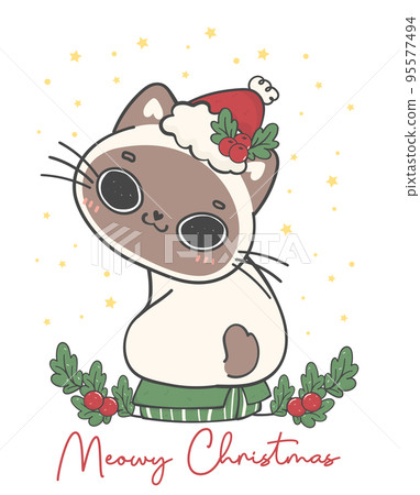 cute smiling Siamese bobtail kitten cat Christmas wear santa hat sit on green gift box, Meowy Christmas, adorable joyful cartoon animal hand drawing vector 95577494