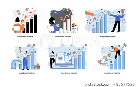 Investment, saving money and finance growth business concept metaphor. Woman analyzes charts and dividends Investment, saving money and finance growth business concept metaphor. Woman analyzes charts and dividends 95577556