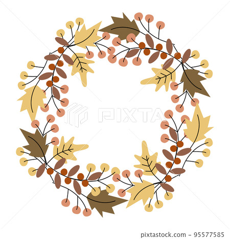 Round wreath, frame from autumn plants in trendy muted shades. Copyspace. Template for lettering Round wreath, frame from autumn plants in trendy muted shades. Copyspace. Template for lettering 95577585