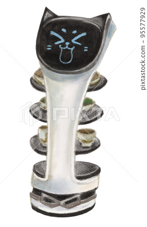 用彩色鉛筆繪製的貓型餐飲機器人的插圖 95577929