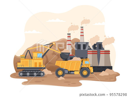 Mining Company with Heavy Yellow Dumper Trucks for Coal Mine Industrial Process or Transportation in Flat Cartoon Hand Drawn Templates Illustration 95578298