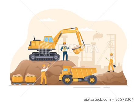 Mining Company with Heavy Yellow Dumper Trucks for Coal Mine Industrial Process or Transportation in Flat Cartoon Hand Drawn Templates Illustration 95578304