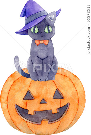 [Halloween] Watercolor illustration of a black cat wearing a witch's hat sitting on a jack-o'-lantern 95578515