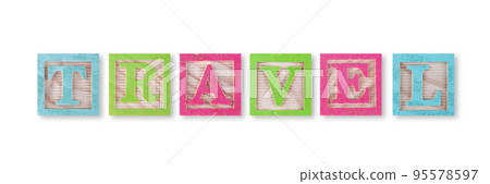 A travel concept with childs wood blocks on white with clipping path to remove shadow 95578597