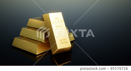 金磚在黑色背景（3D CG 渲染數位插圖） 95578726