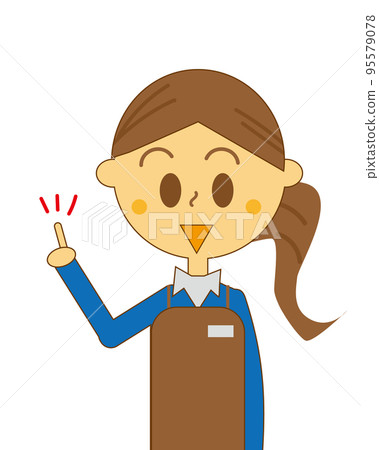 Illustration of a cute woman explaining with a pointing pose, with lines, apron Illustration of a cute woman explaining with a pointing pose, with lines, apron 95579078