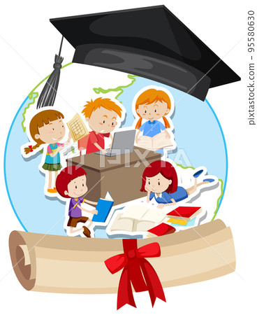 Mortarboard hat with students doing homework Mortarboard hat with students doing homework 95580630