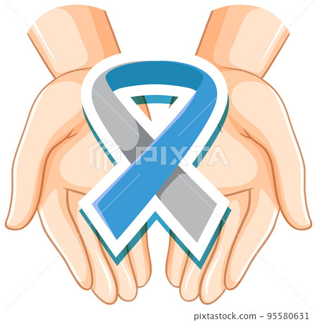 Blue ribbon on hands Blue ribbon on hands 95580631