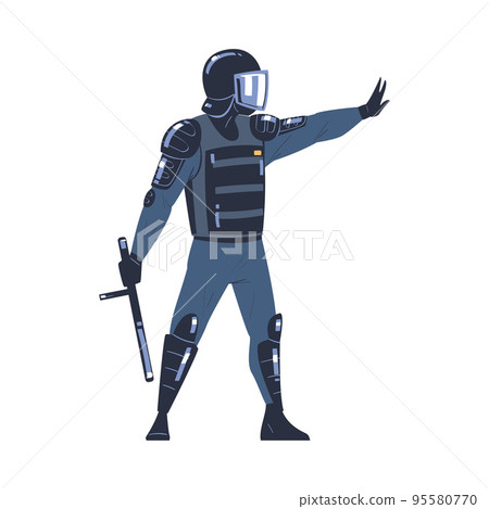 Riot Police Officer and Squad Member in Uniform and Helmet with Baton Showing Stop Gesture Vector Illustration 95580770