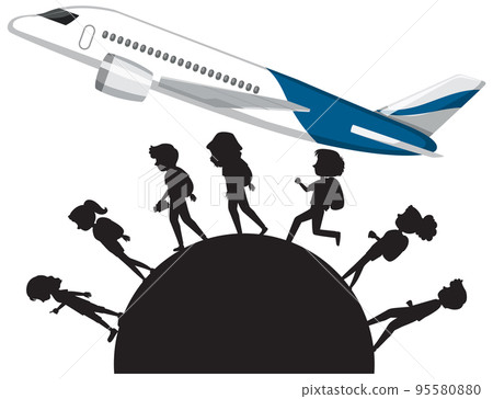 Silhouette tourist people with plane Silhouette tourist people with plane 95580880