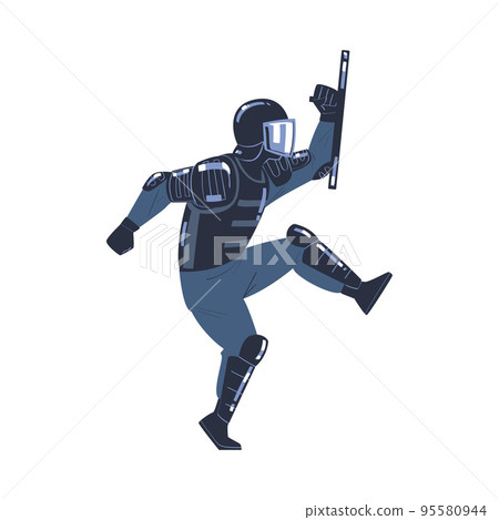 Riot Police Officer and Squad Member in Uniform and Helmet with Baton Fighting Vector Illustration Riot Police Officer and Squad Member in Uniform and Helmet with Baton Fighting Vector Illustration 95580944