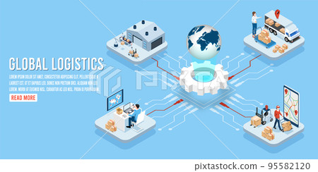 3D isometric Global logistics network concept with Transportation operation service, Export, Import, Cargo, Air, Road, Maritime delivery. Vector illustration EPS 10 95582120